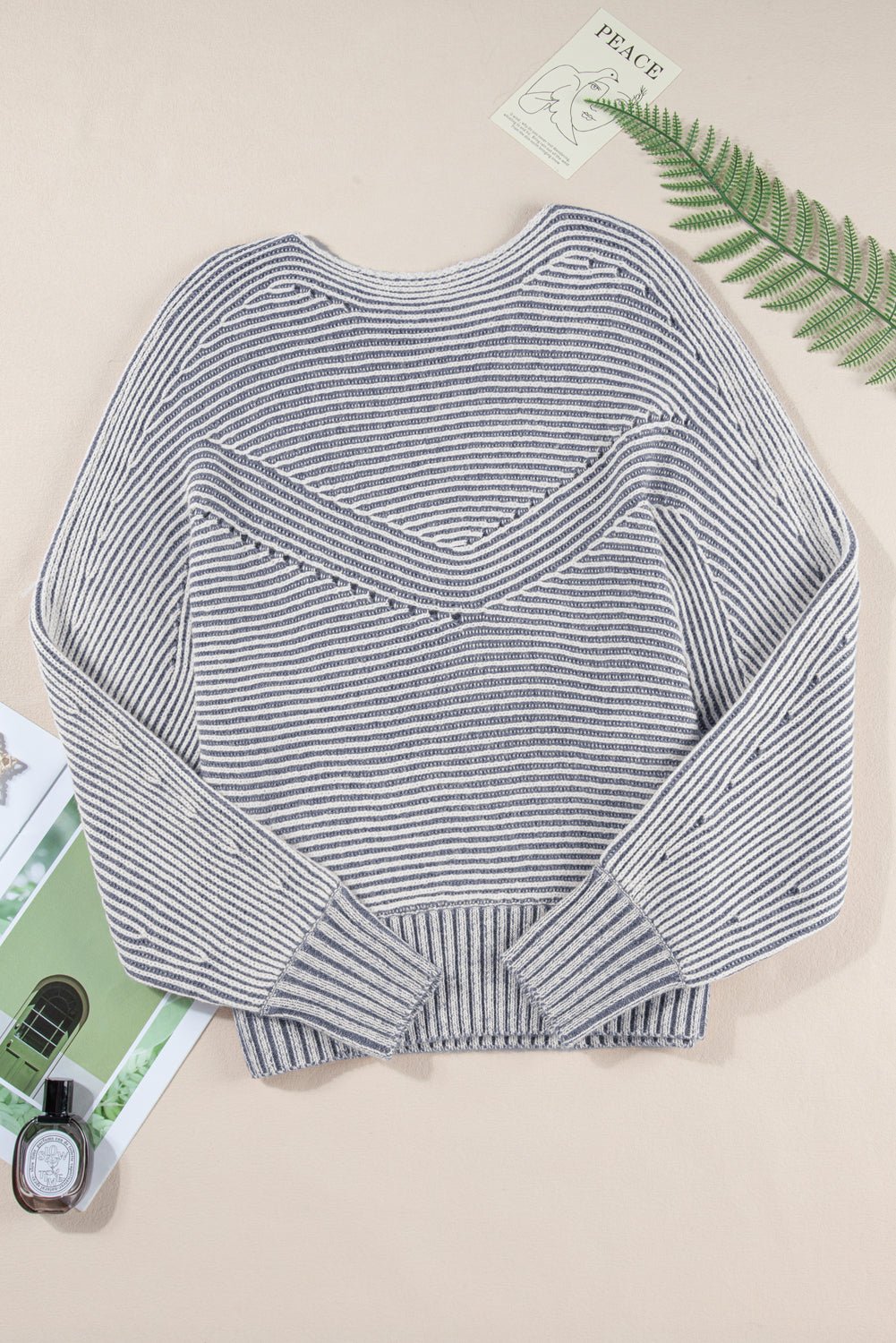 Ashleigh Blue Striped Print Ribbed Knit Raglan Sleeve Baggy Sweater - MAD RUFFI