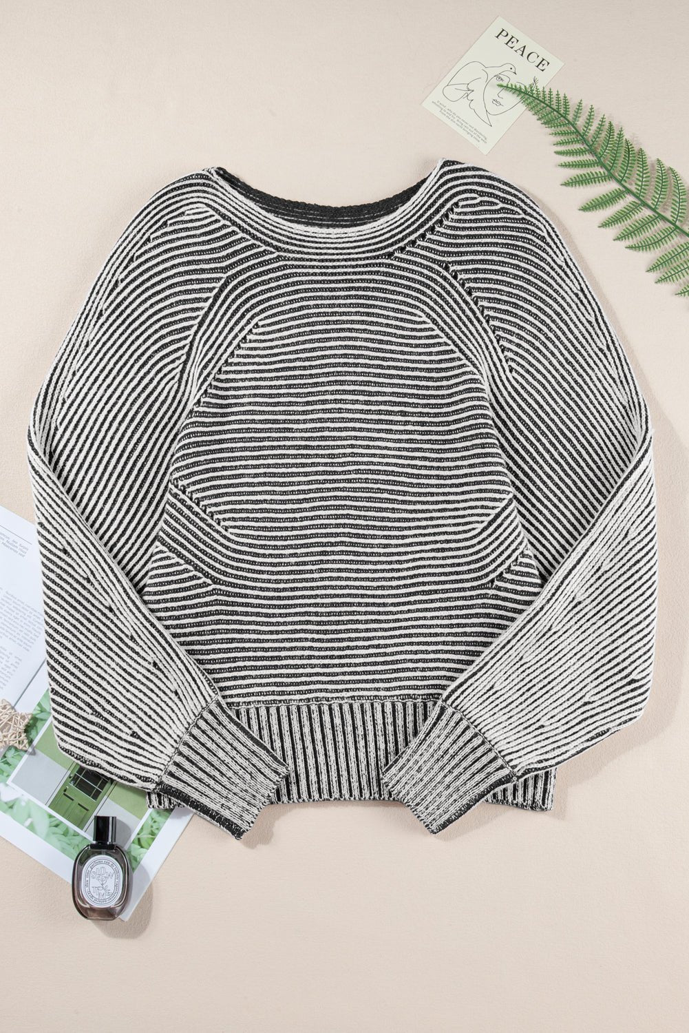 Ashleigh Blue Striped Print Ribbed Knit Raglan Sleeve Baggy Sweater - MAD RUFFI