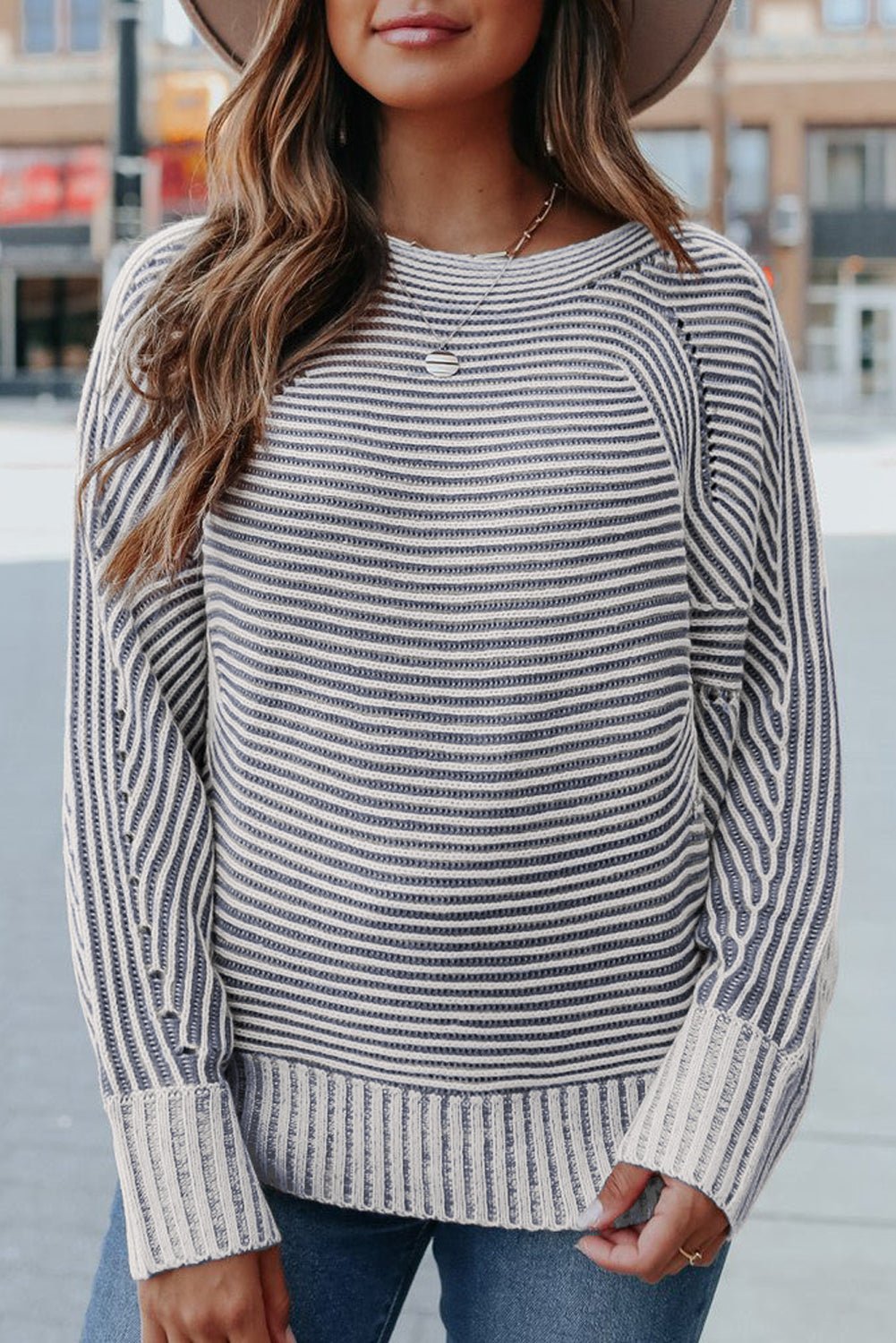 Ashleigh Blue Striped Print Ribbed Knit Raglan Sleeve Baggy Sweater - MAD RUFFI