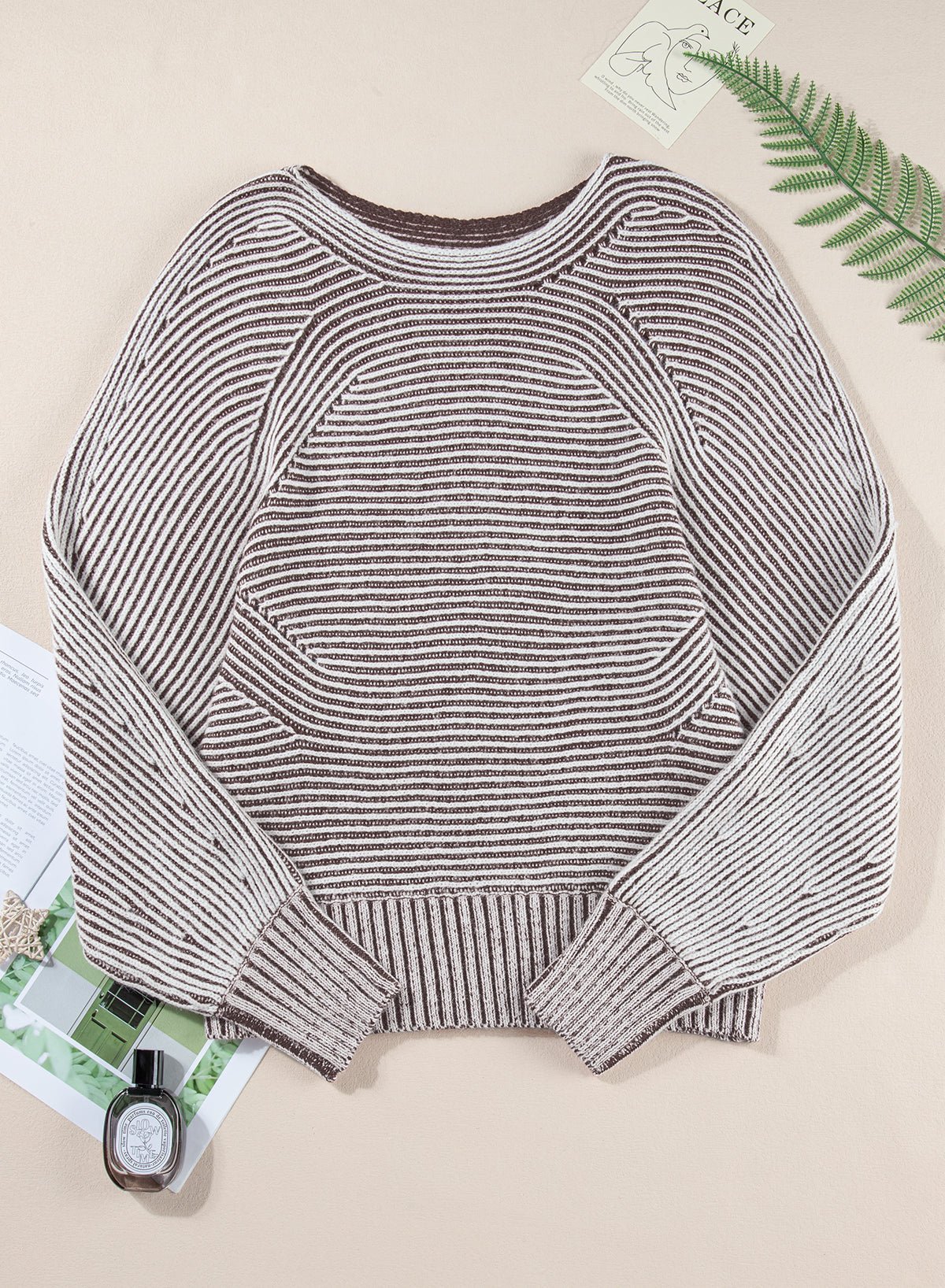 Ashleigh Blue Striped Print Ribbed Knit Raglan Sleeve Baggy Sweater - MAD RUFFI