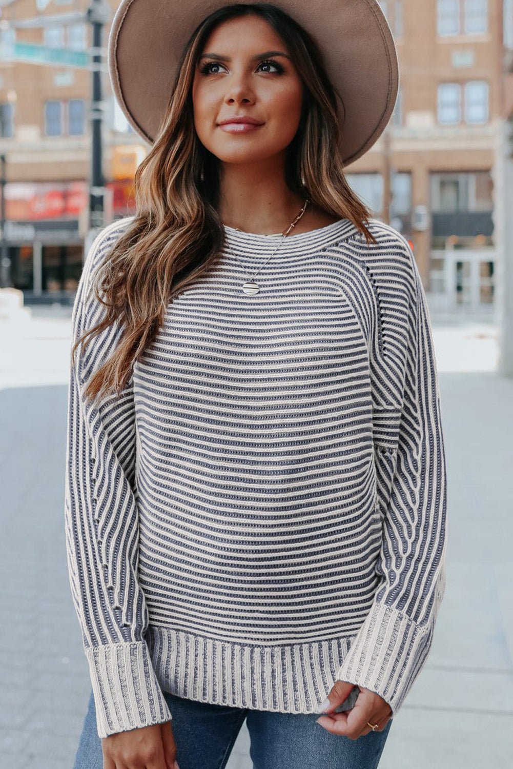 Ashleigh Blue Striped Print Ribbed Knit Raglan Sleeve Baggy Sweater - MAD RUFFI