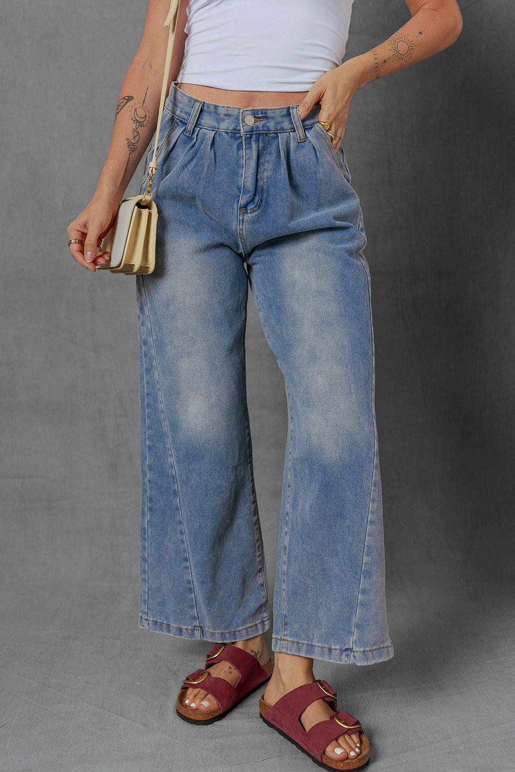 Ashleigh Blue Washed Pleated Detail Wide Leg Jeans - MAD RUFFI