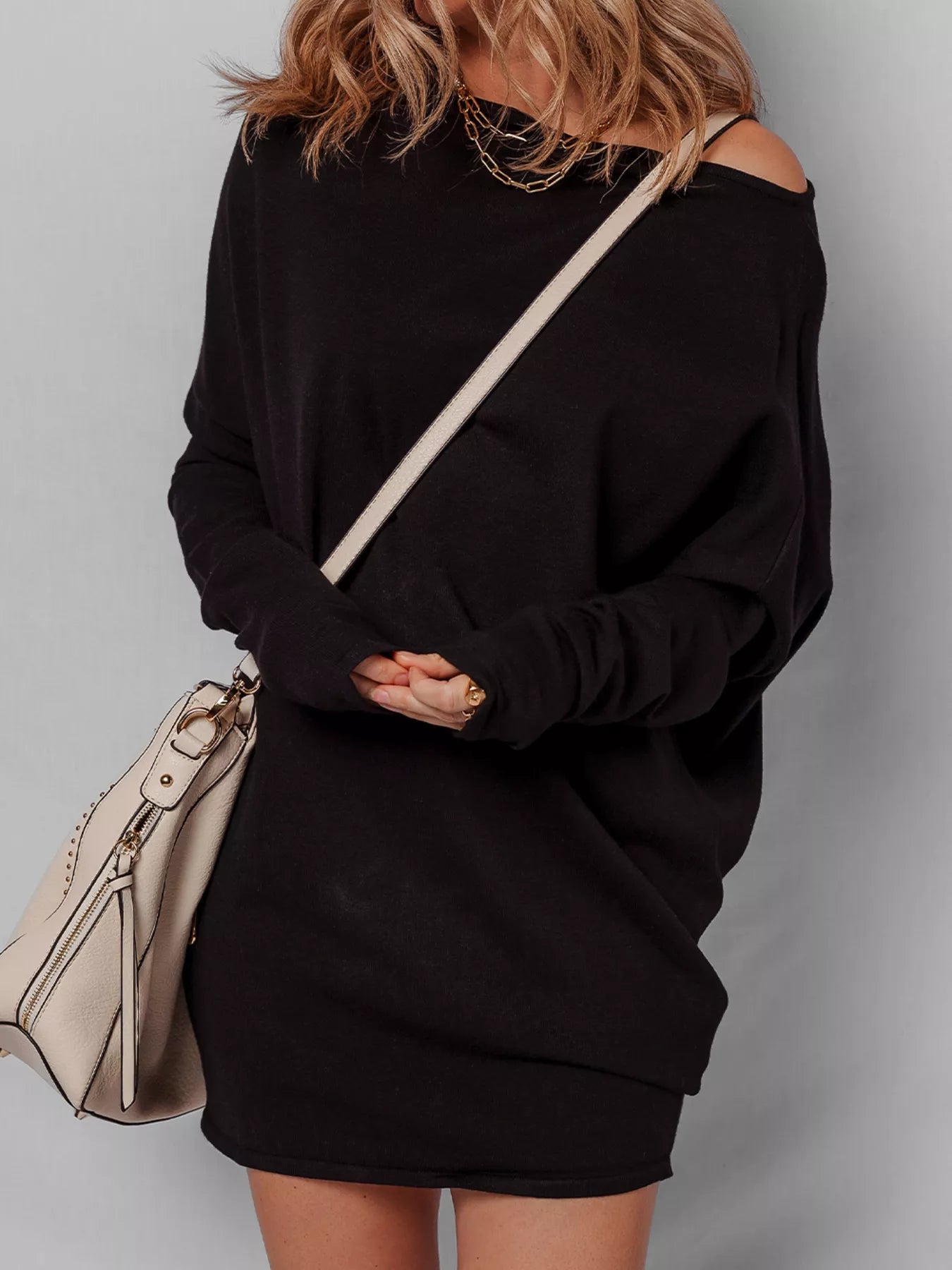 Asymmetric Neck Batwing Sleeve Shift Mini Sweater Dress - MAD RUFFI