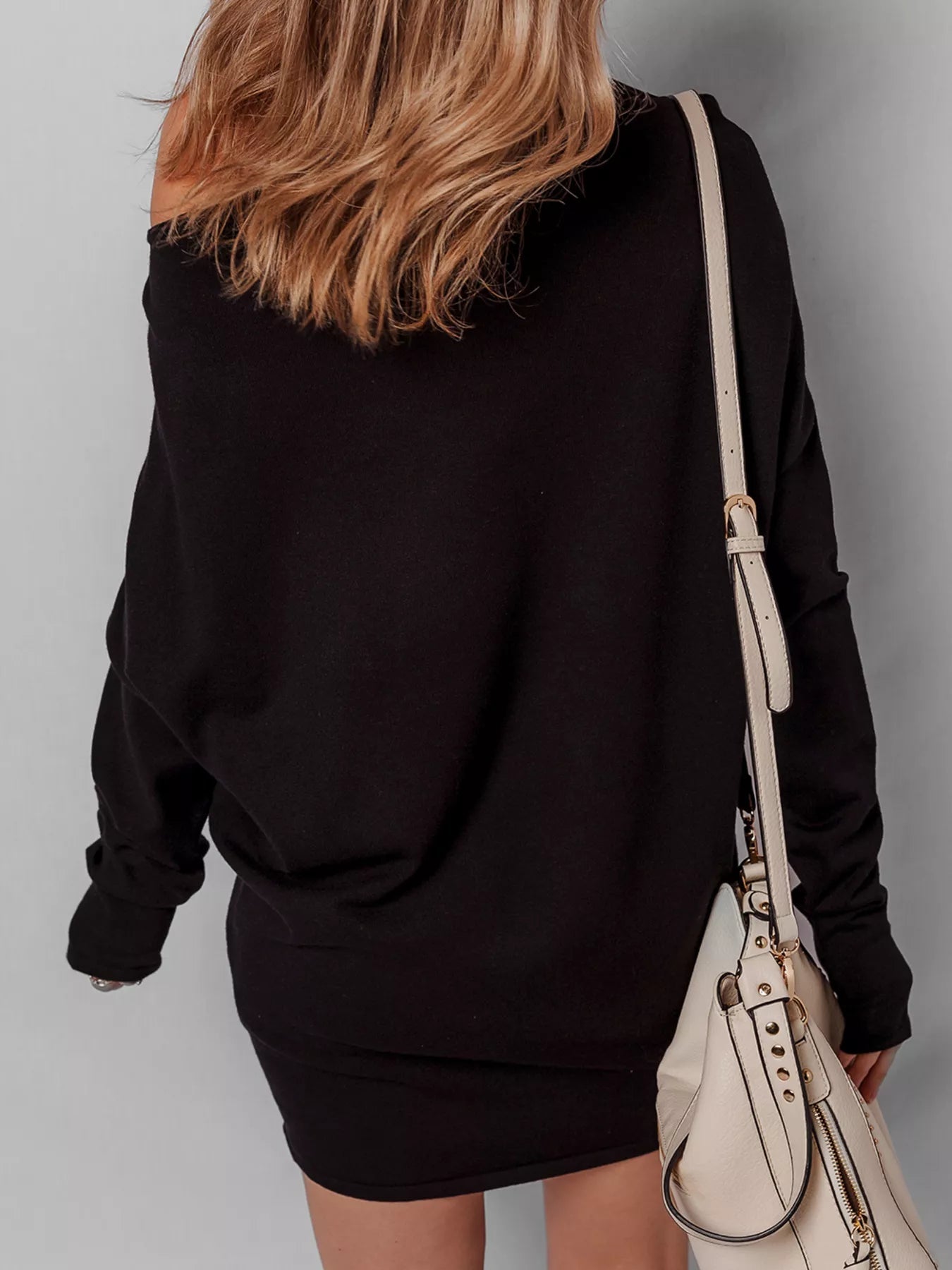 Asymmetric Neck Batwing Sleeve Shift Mini Sweater Dress - MAD RUFFI