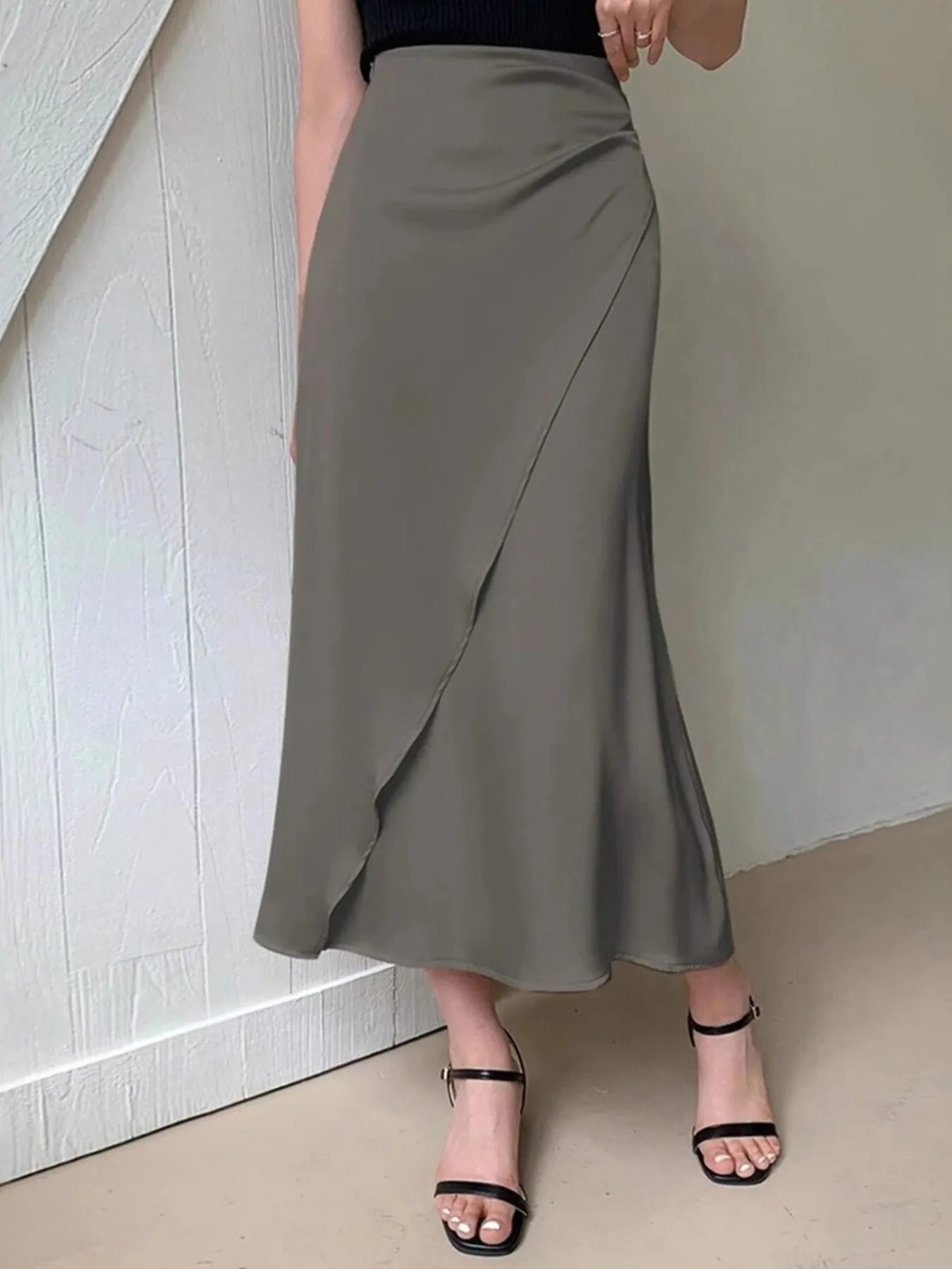 Asymmetric Wrap Midi Skirt with Fluted Hem - MAD RUFFI