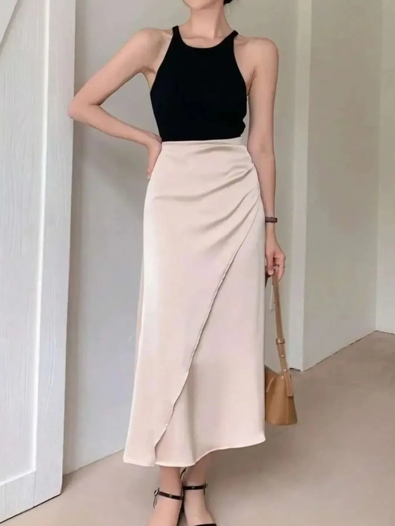 Asymmetric Wrap Midi Skirt with Fluted Hem - MAD RUFFI