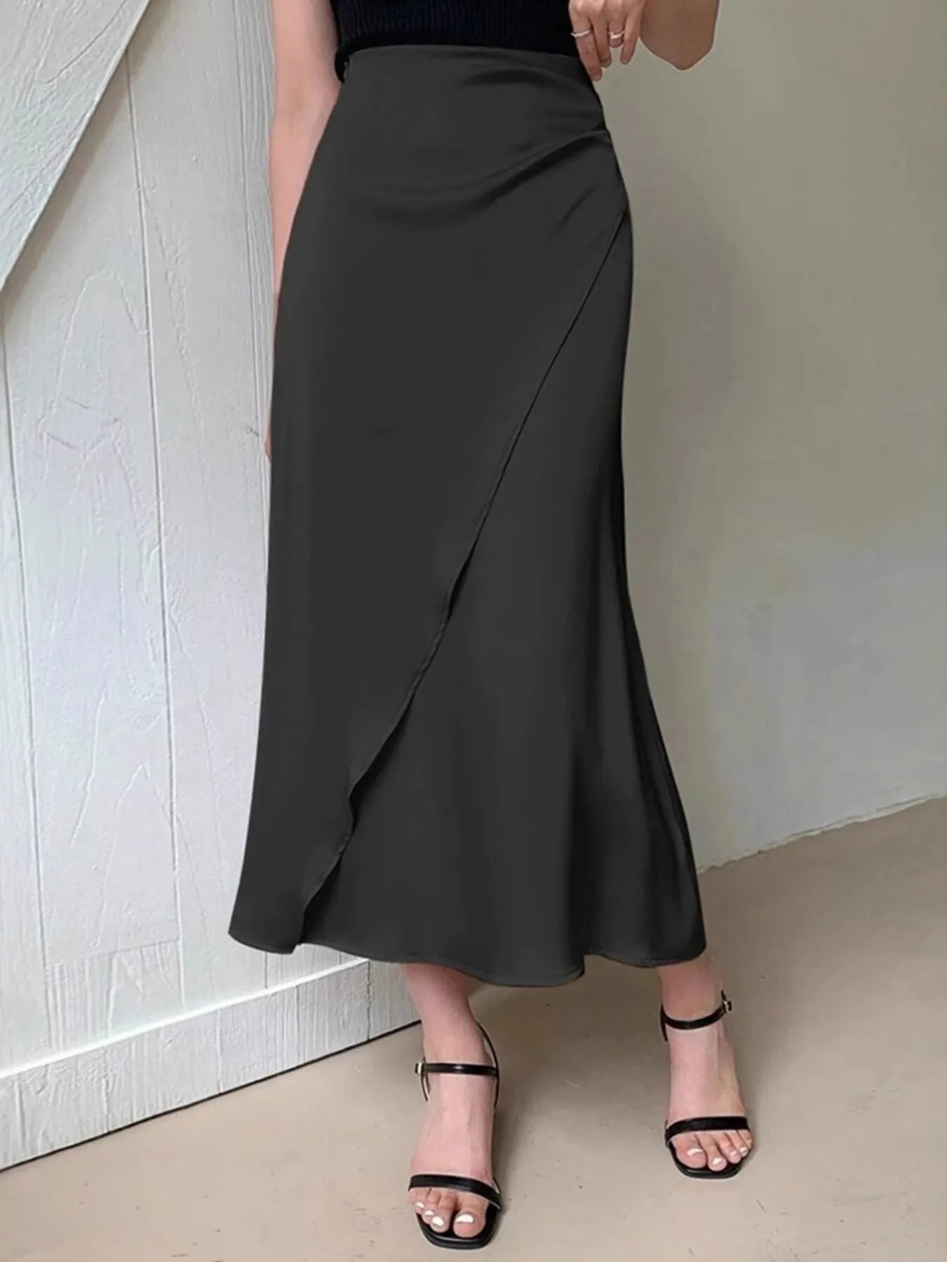 Asymmetric Wrap Midi Skirt with Fluted Hem - MAD RUFFI