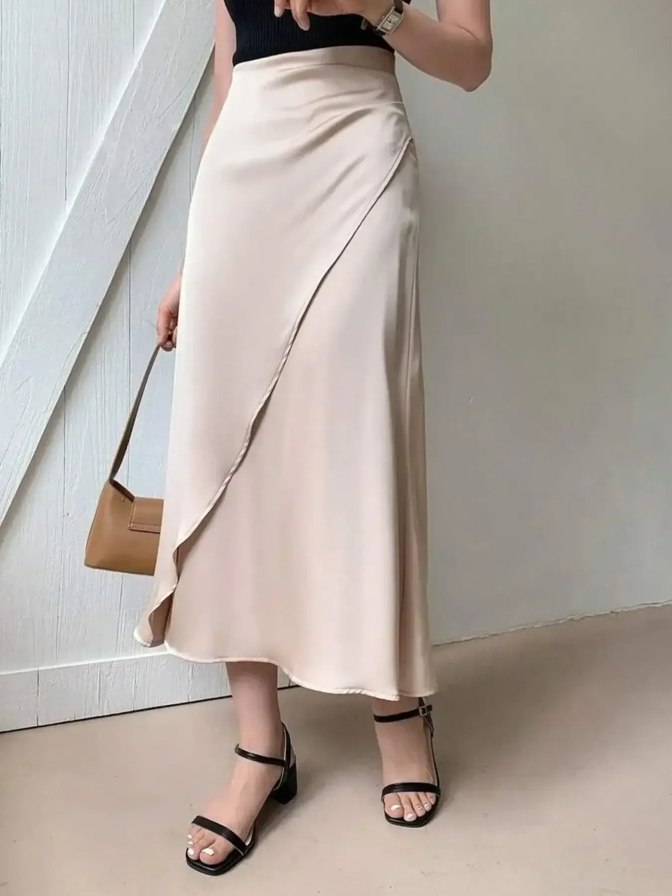 Asymmetric Wrap Midi Skirt with Fluted Hem - MAD RUFFI