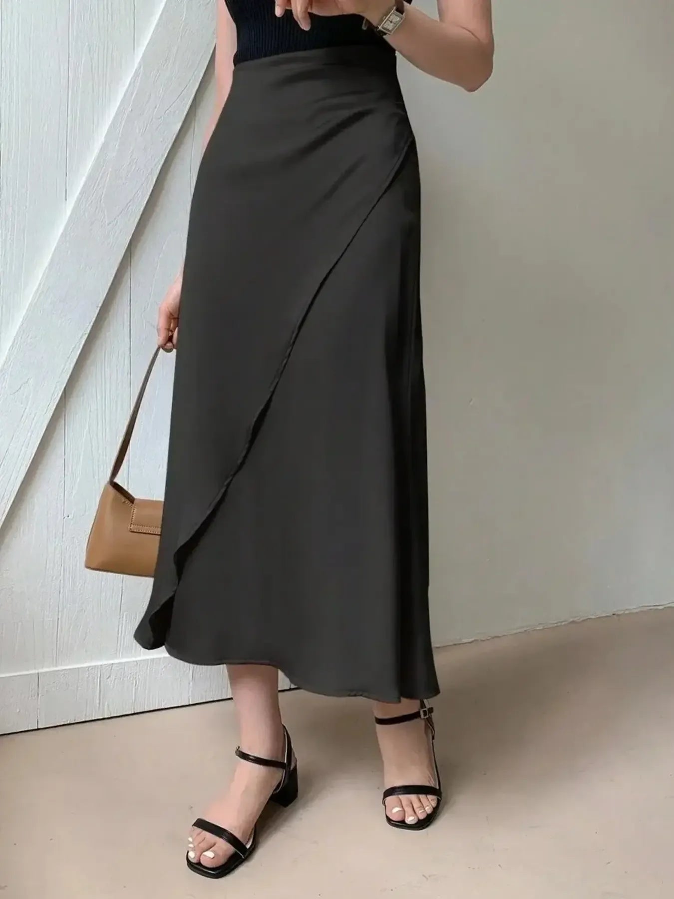 Asymmetric Wrap Midi Skirt with Fluted Hem - MAD RUFFI