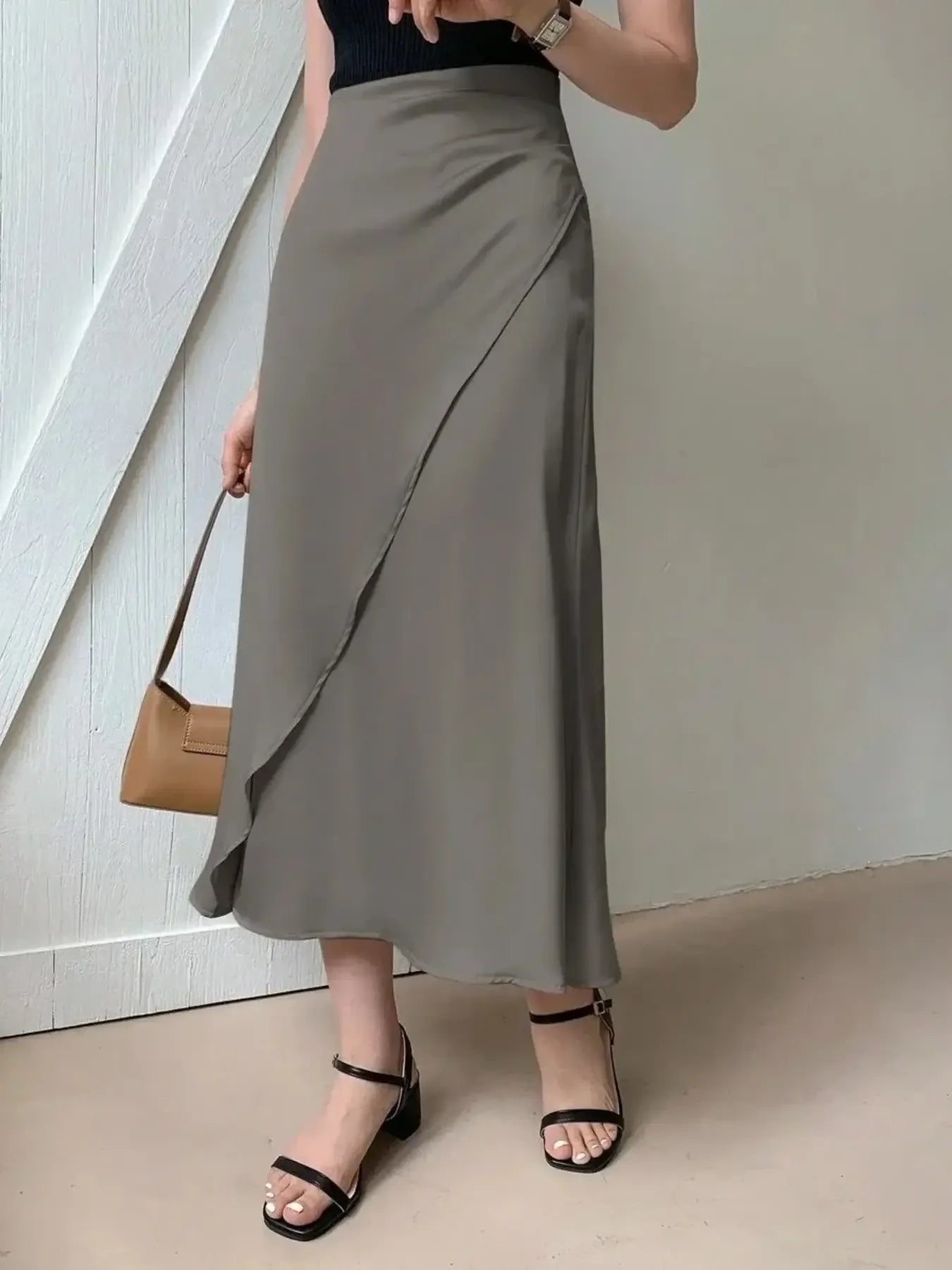 Asymmetric Wrap Midi Skirt with Fluted Hem - MAD RUFFI
