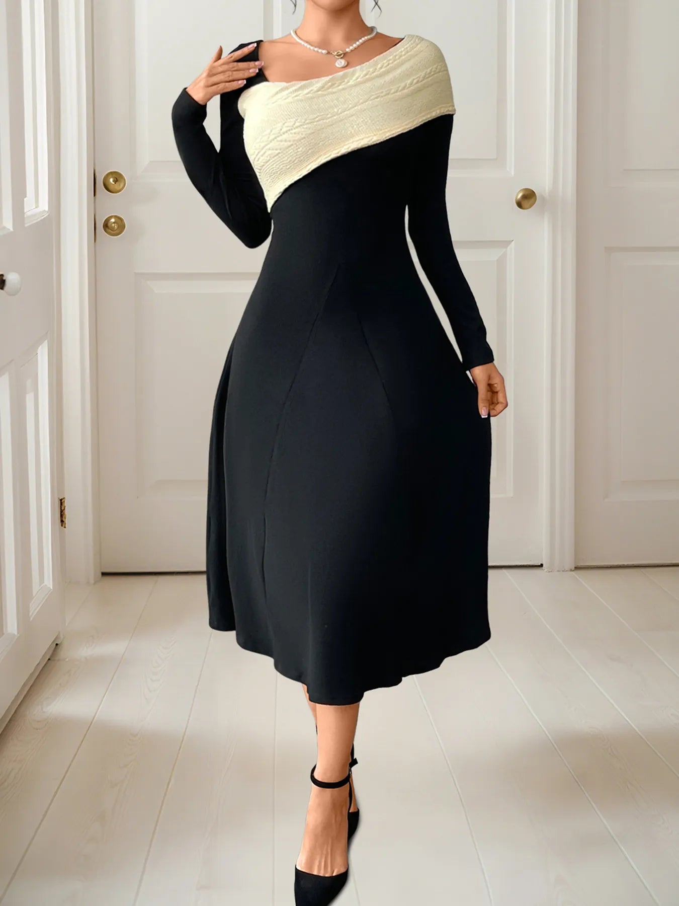 Asymmetrical Contrast Long Sleeve Dress - MAD RUFFI