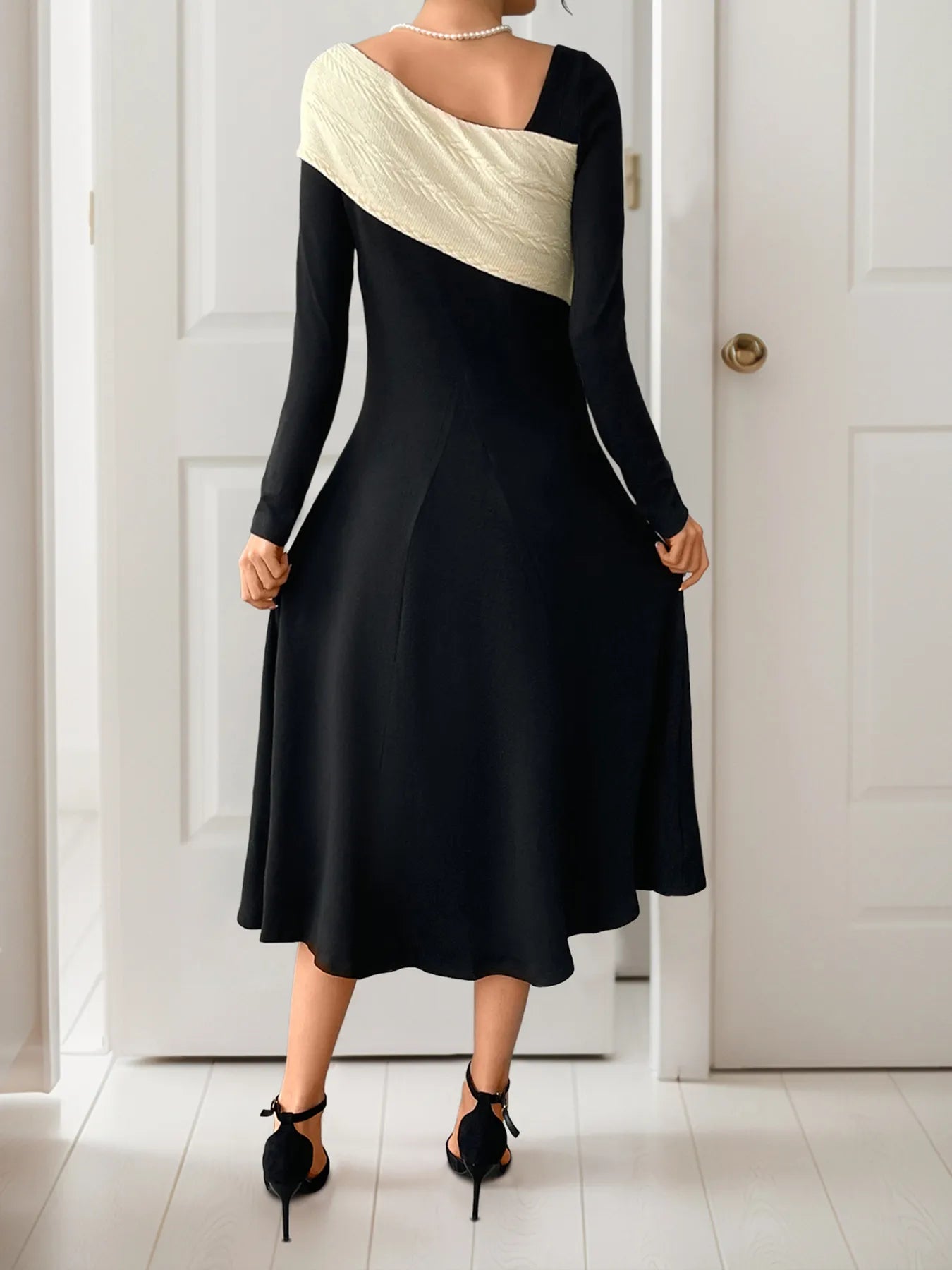 Asymmetrical Contrast Long Sleeve Dress - MAD RUFFI