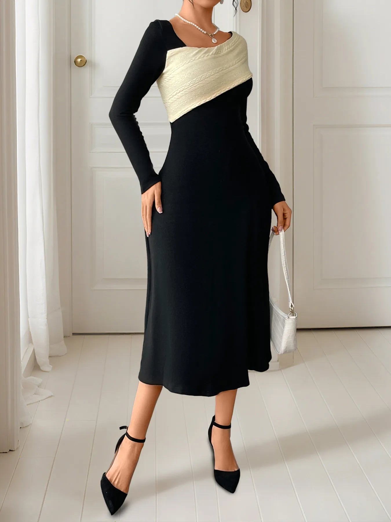 Asymmetrical Contrast Long Sleeve Dress - MAD RUFFI
