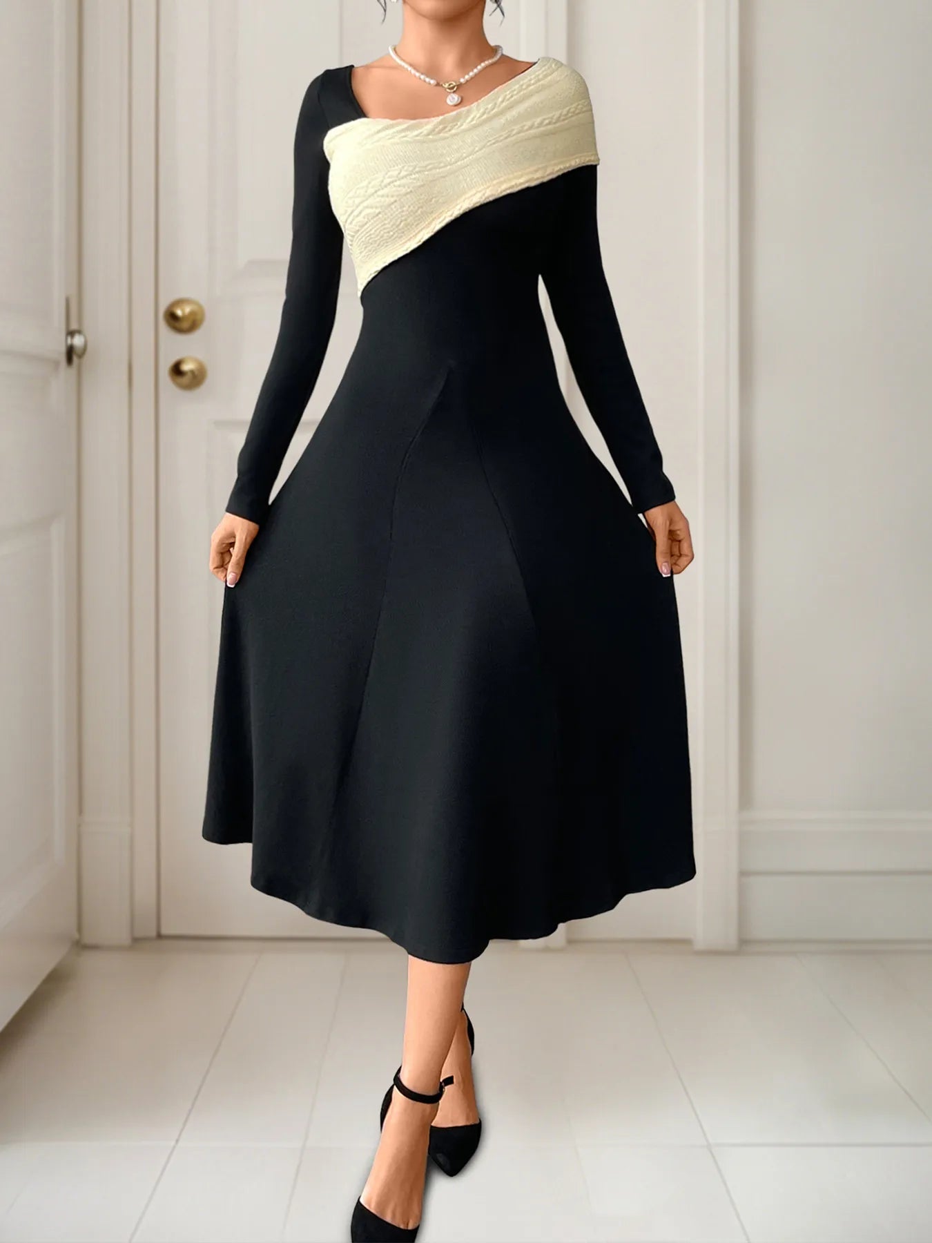 Asymmetrical Contrast Long Sleeve Dress - MAD RUFFI