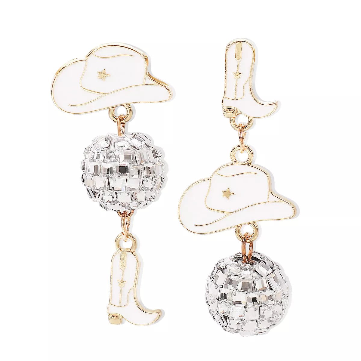 Asymmetrical Cowgirl Boot Hat Ball Dangle Earrings - MAD RUFFI