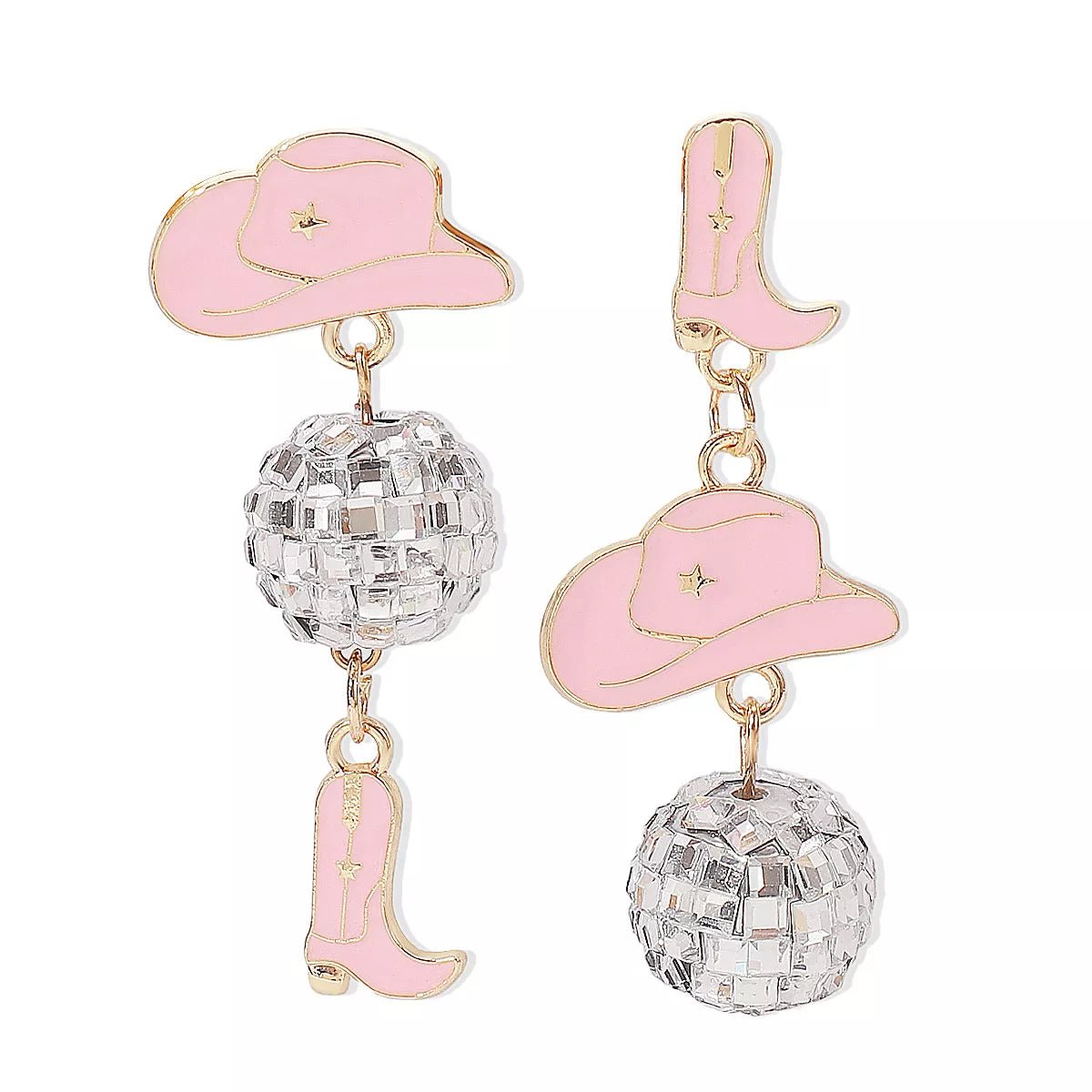 Asymmetrical Cowgirl Boot Hat Ball Dangle Earrings - MAD RUFFI