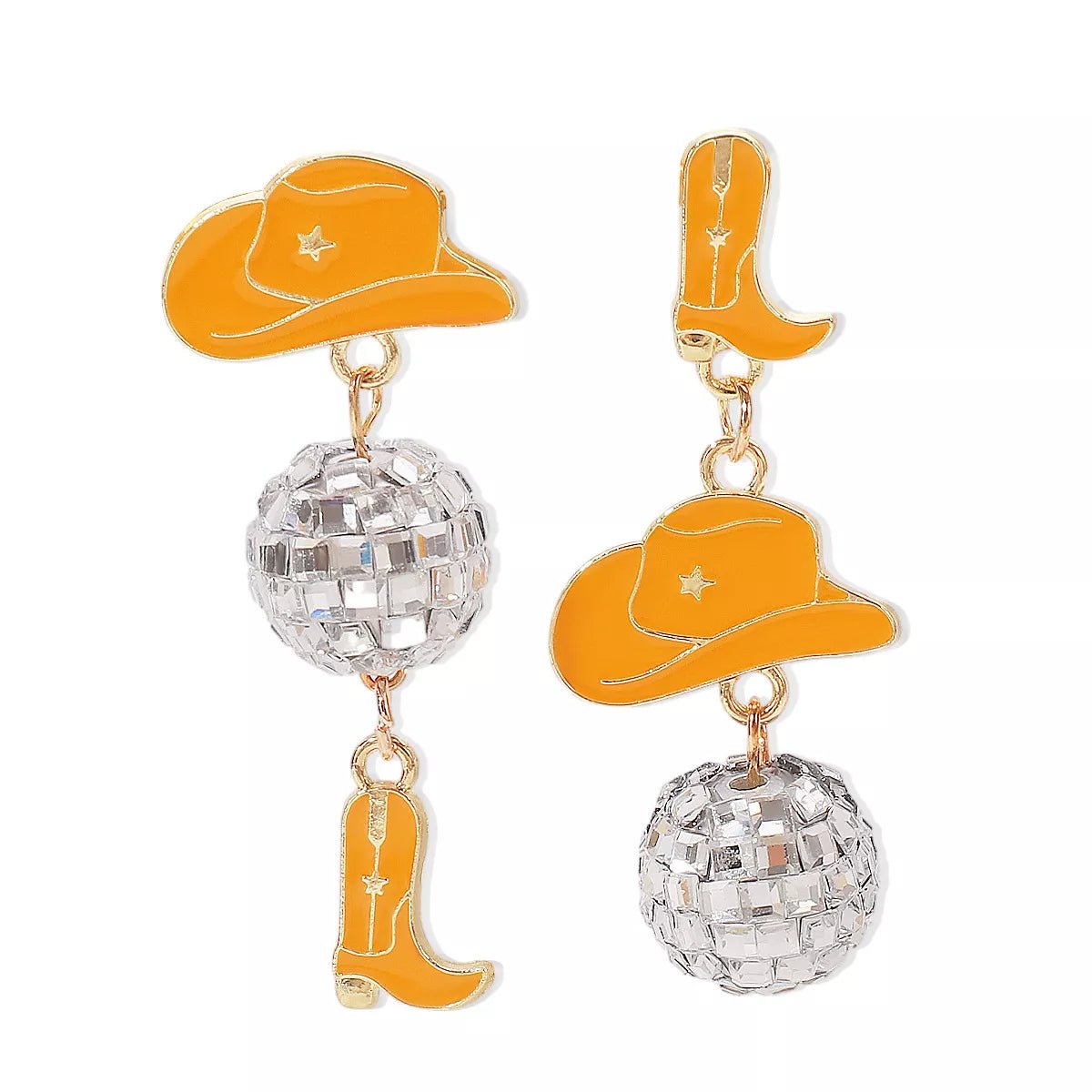 Asymmetrical Cowgirl Boot Hat Ball Dangle Earrings - MAD RUFFI