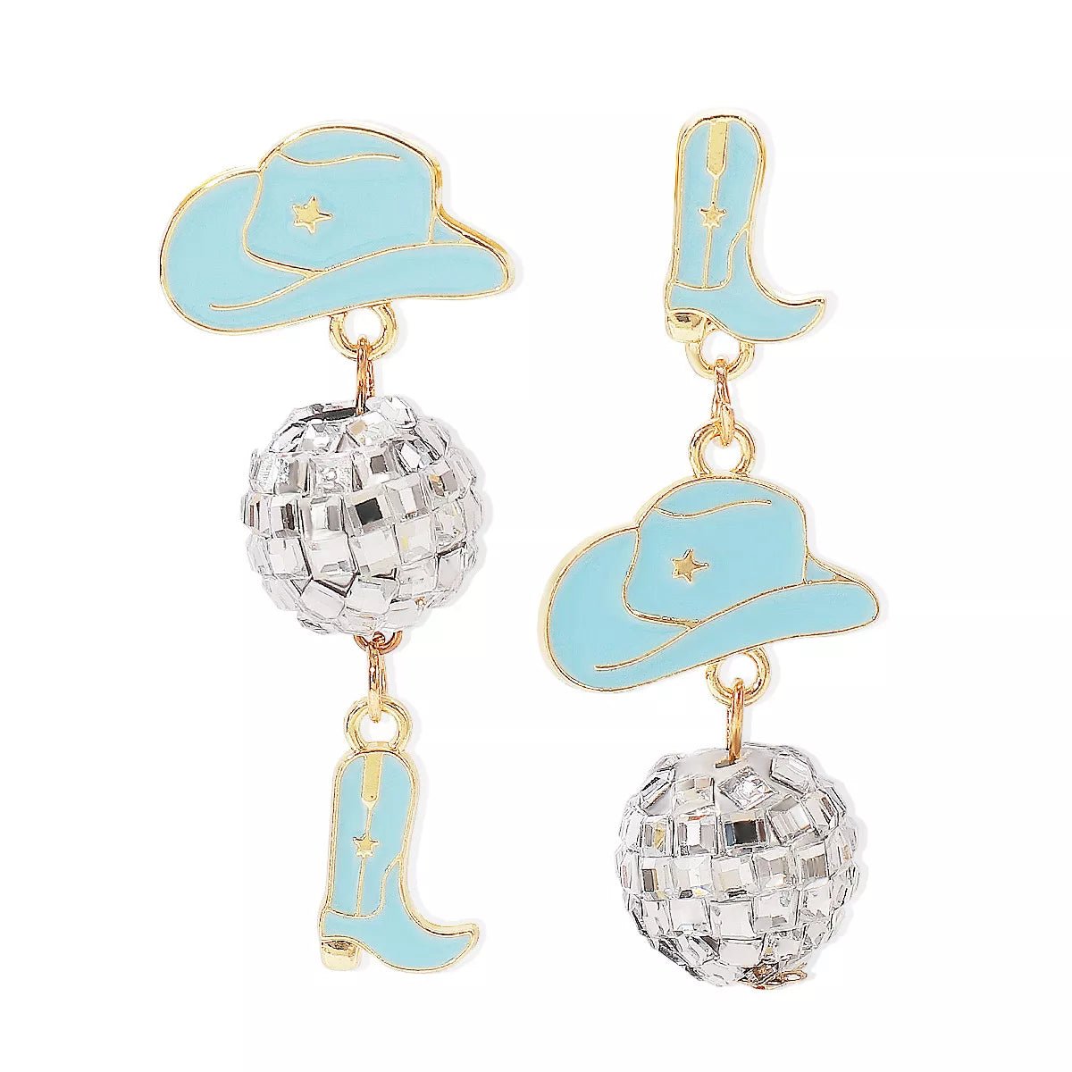 Asymmetrical Cowgirl Boot Hat Ball Dangle Earrings - MAD RUFFI