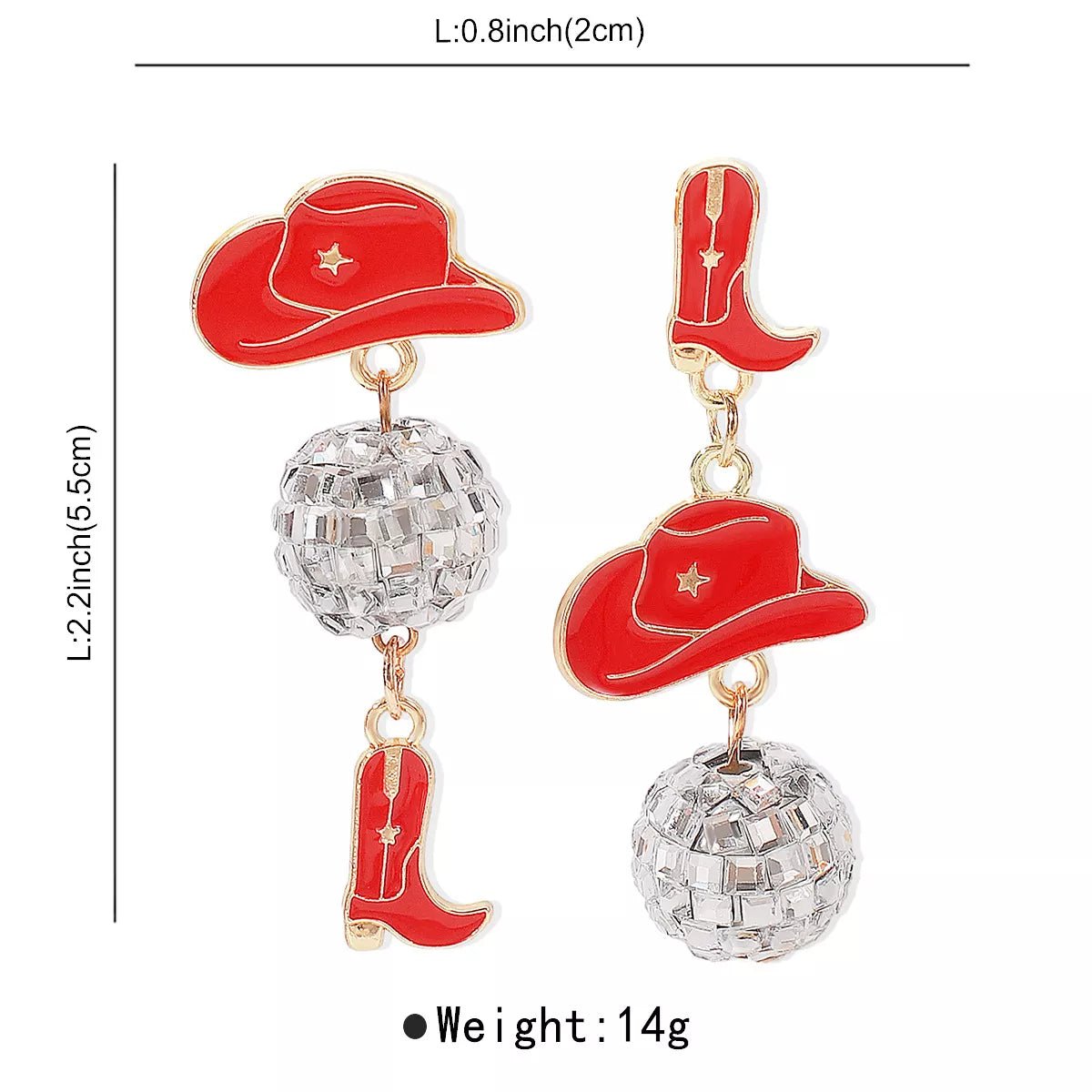 Asymmetrical Cowgirl Boot Hat Ball Dangle Earrings - MAD RUFFI