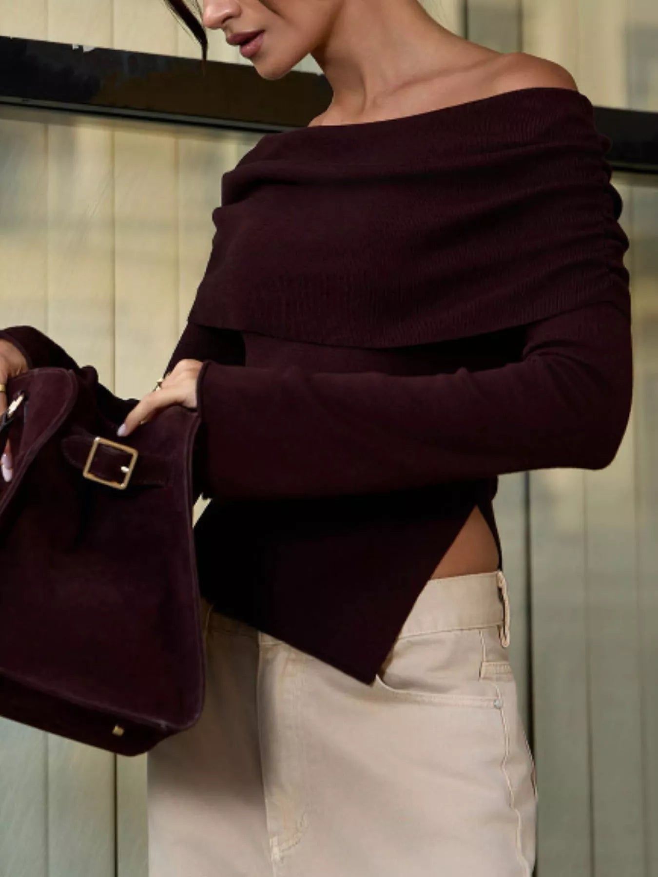 Asymmetrical Hem Off - Shoulder Long Sleeve Knit Top - MAD RUFFI