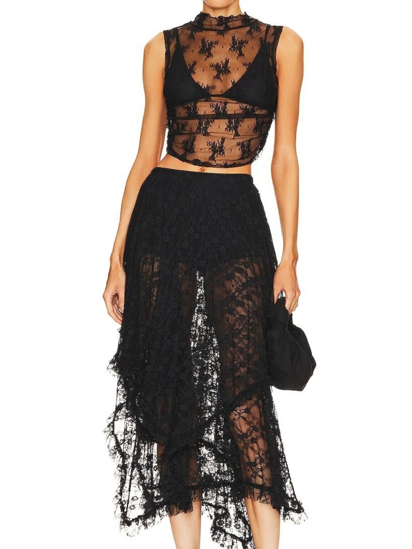 Asymmetrical Lace Midi Skirt - MAD RUFFI