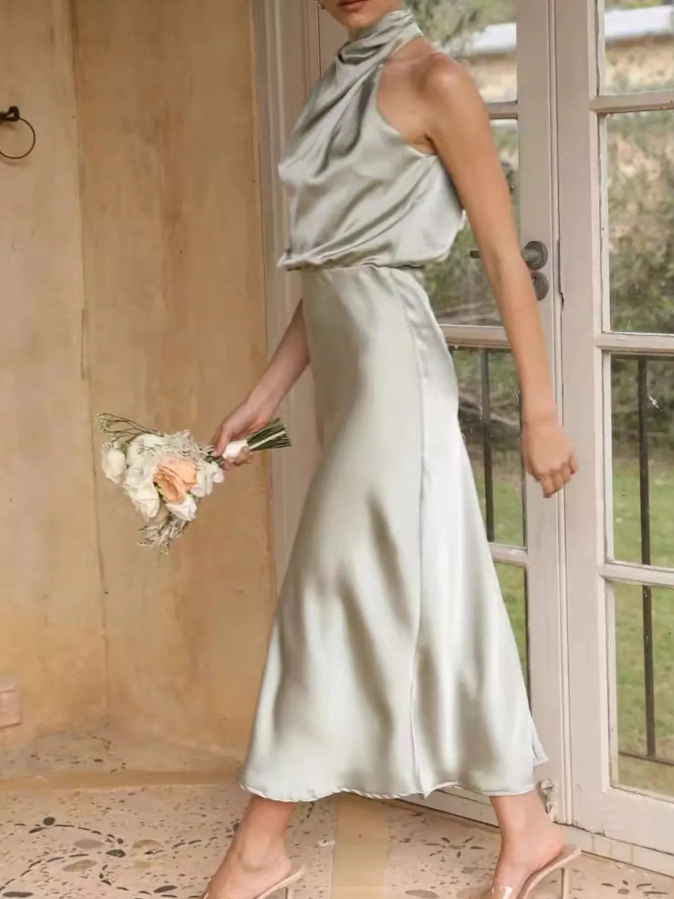 Asymmetrical Ruched Sleeveless Midi Dress - MAD RUFFI