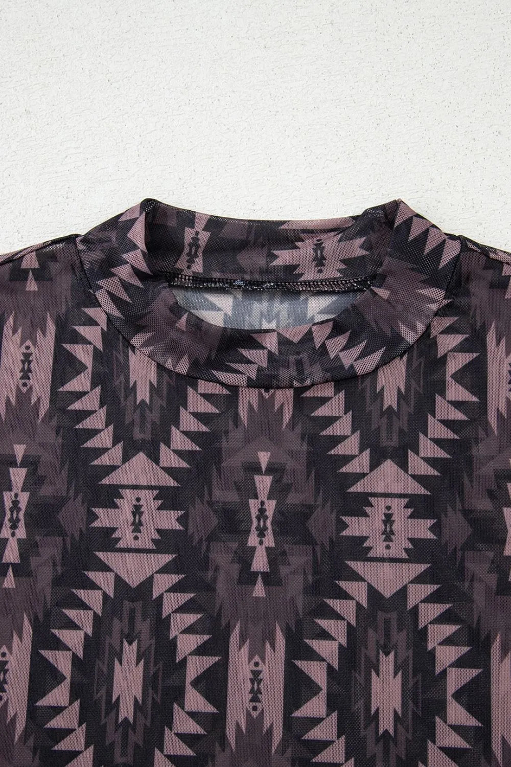 Aztec Print Mock Neck Short Sleeve Mesh T Shirt - MAD RUFFI