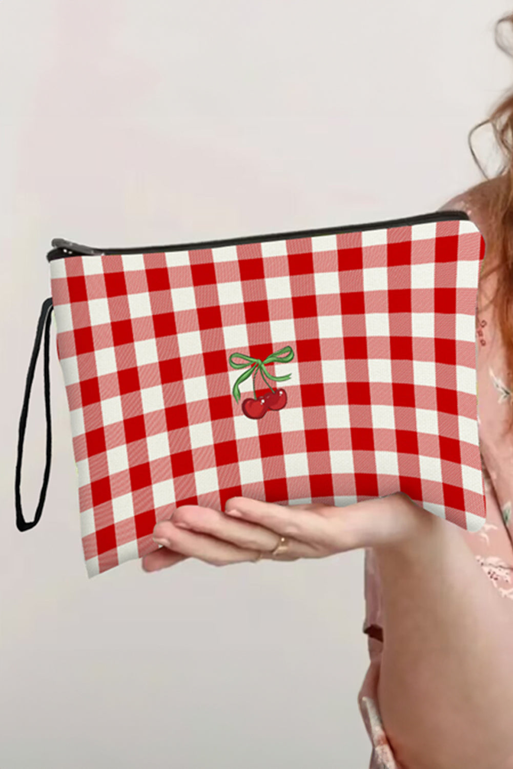 Bolsa de maquillaje con cremallera de muñeca con estampado de estampado a cuadros rojo