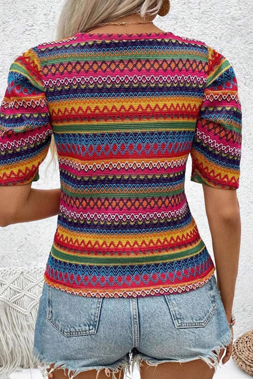 Colorful Bohemian Geometric Print Puff Sleeve Knit Top