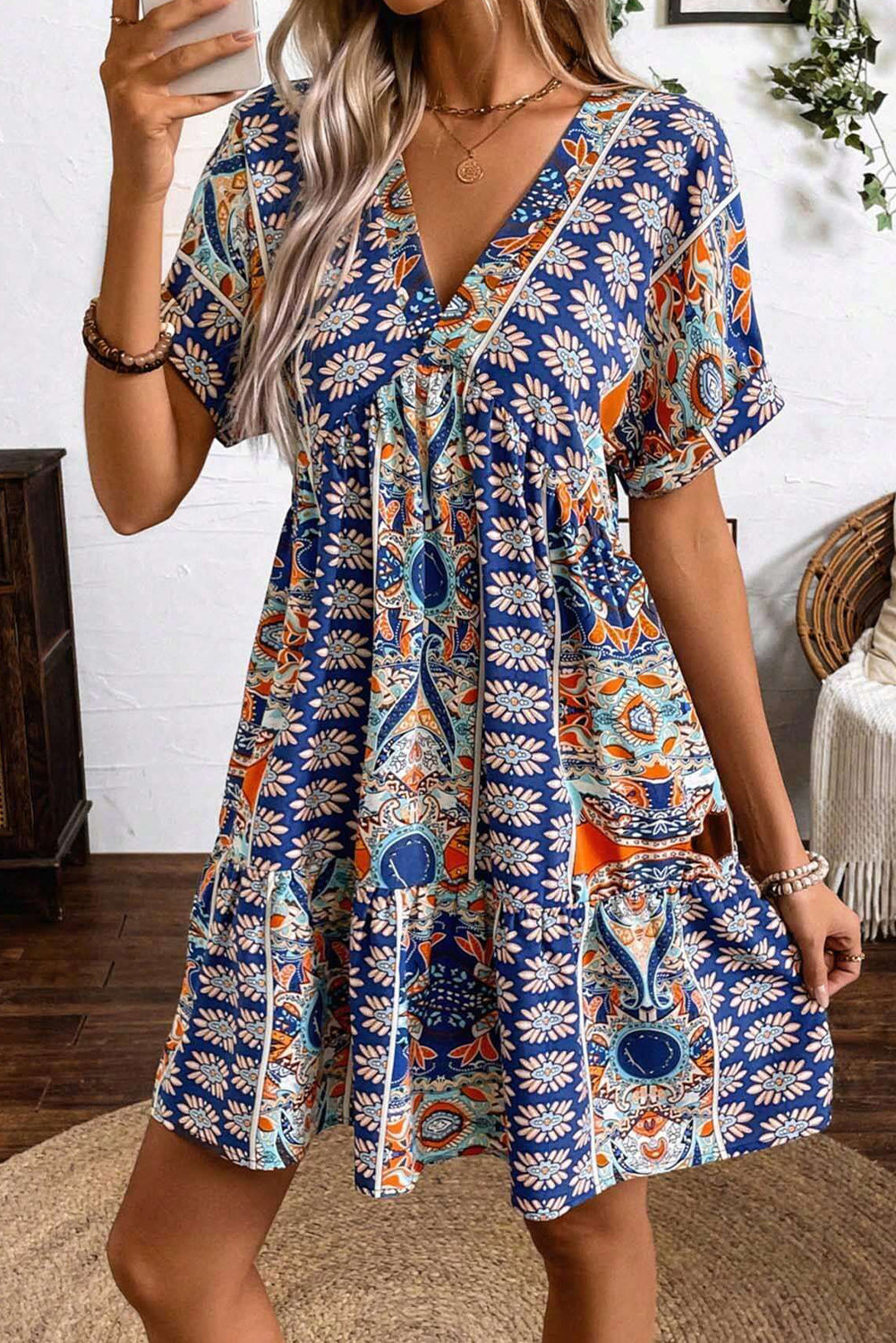 Azure Floral V-Neck High-Waisted Dress