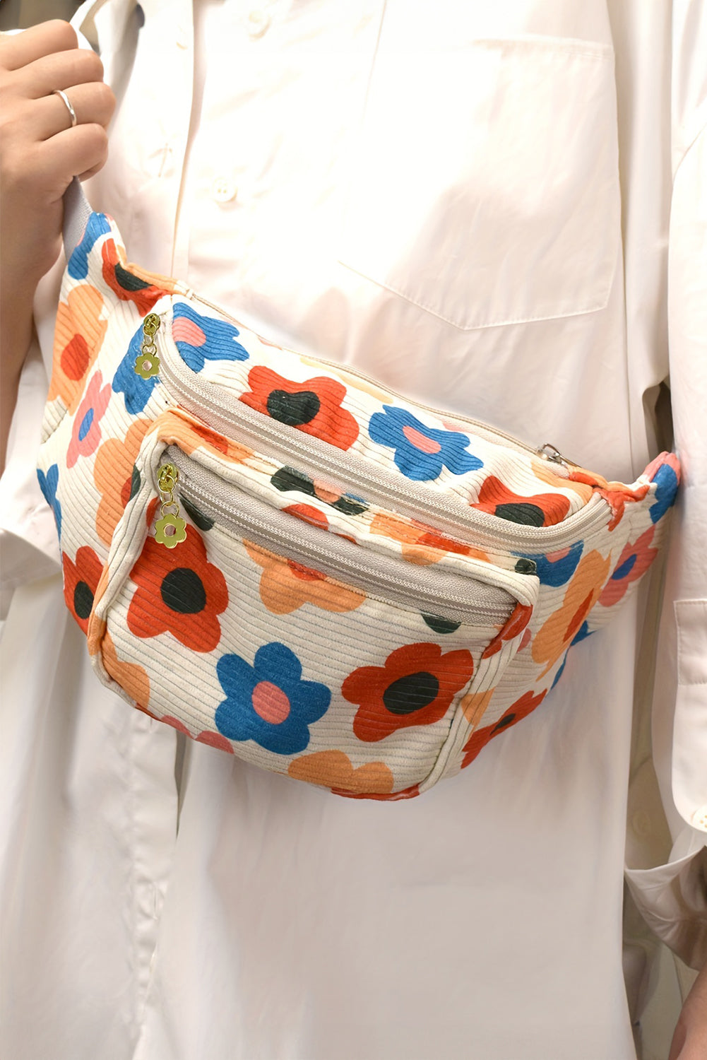 Khaki Colorful Flower Print Ribbed Waist Belt Bag