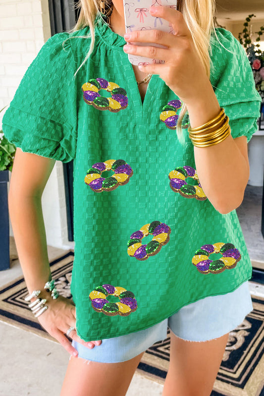 Bright Green Mardi Gras Sequin Donuts Graphic Notched Neck Textured Blusa