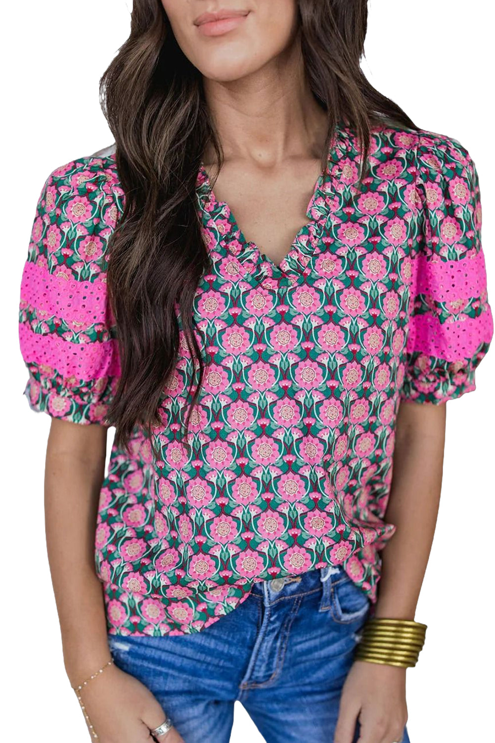 Sachet Pink Frill V-Neck Abstract Print Puff Sleeve Top