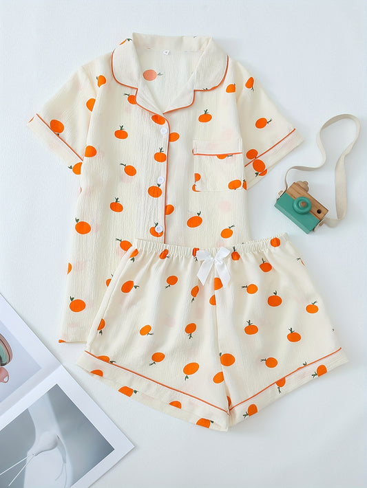 Cute Orange Print Textured Pajama Set, Short Sleeve Buttons Lapel Top & Elastic Shorts, Women's Sleepwear