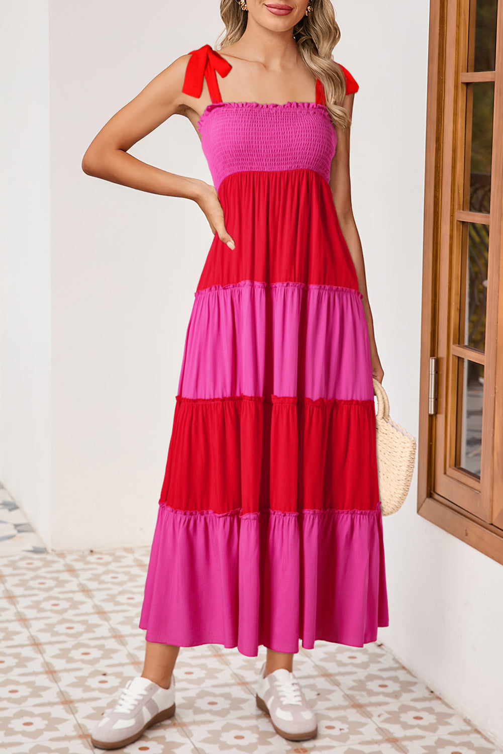 Bohemian Rose Red Shirred Patchwork Maxi Dress with Shoulder Ties