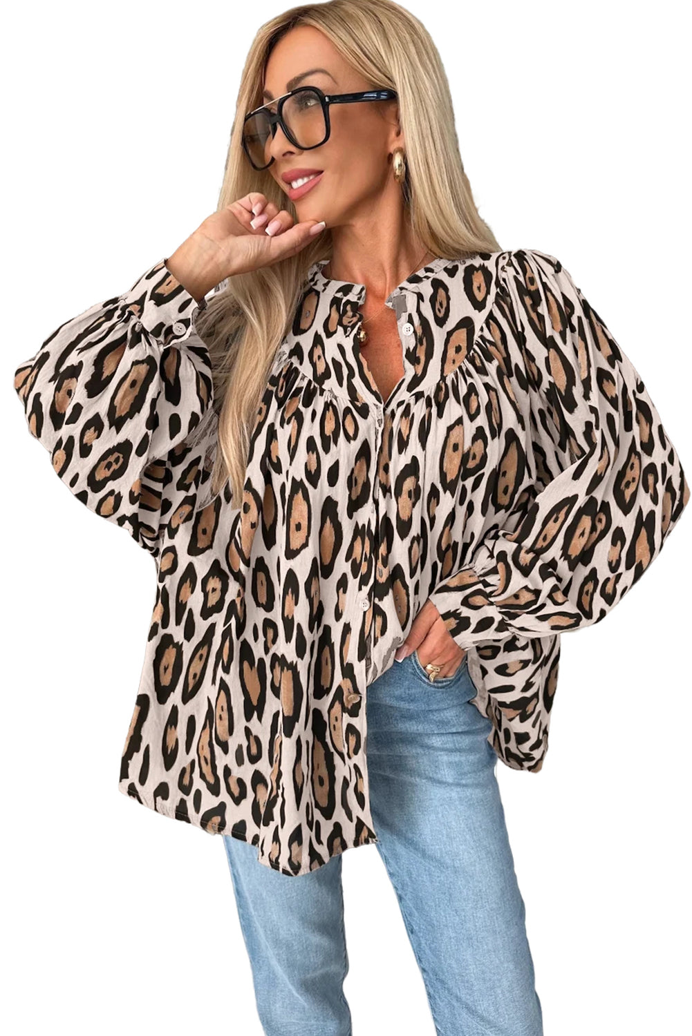 Rose Red Leopard Print Balloon Sleeve Loose Blouse