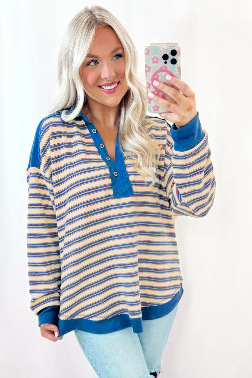 Pink Stripe Collared V Neck Drop Shoulder Top