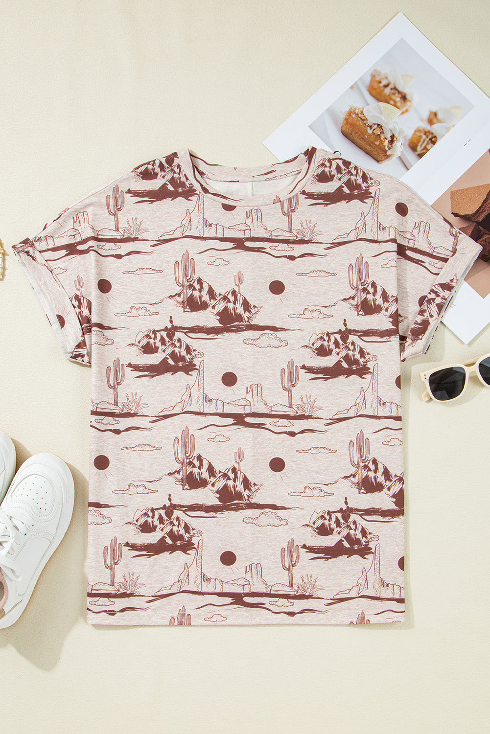 Braunes Kurzarm-T-Shirt mit „Summer Desert Sand“-Print