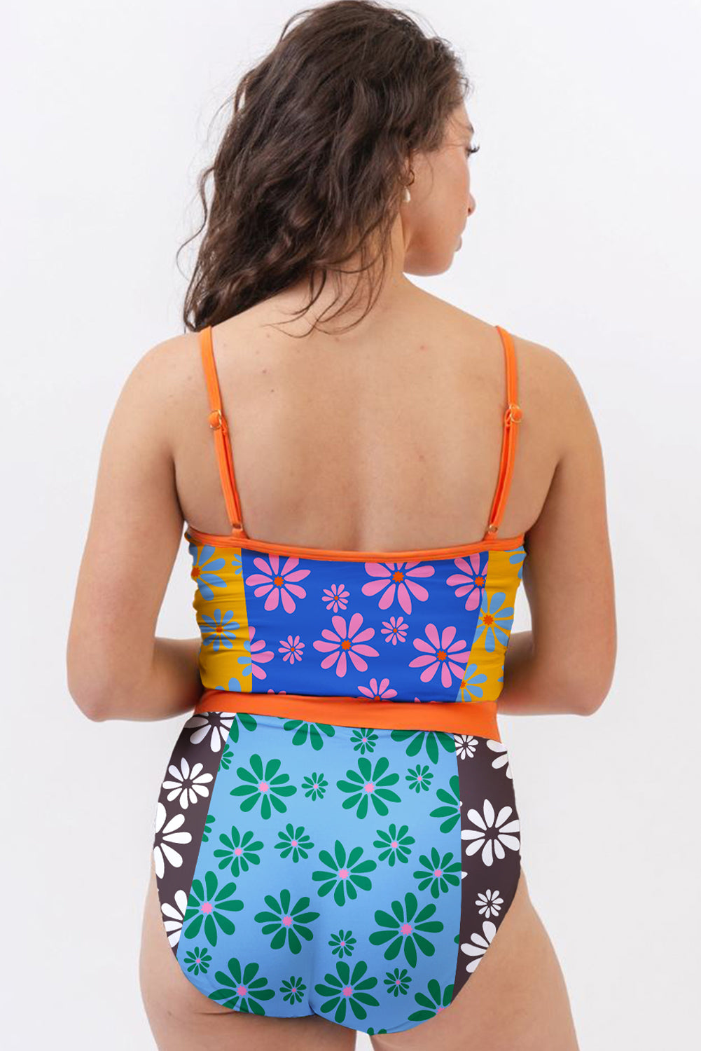 Orange Floral Colorblock Buttoned Front Spaghetti Straps Swimsuit