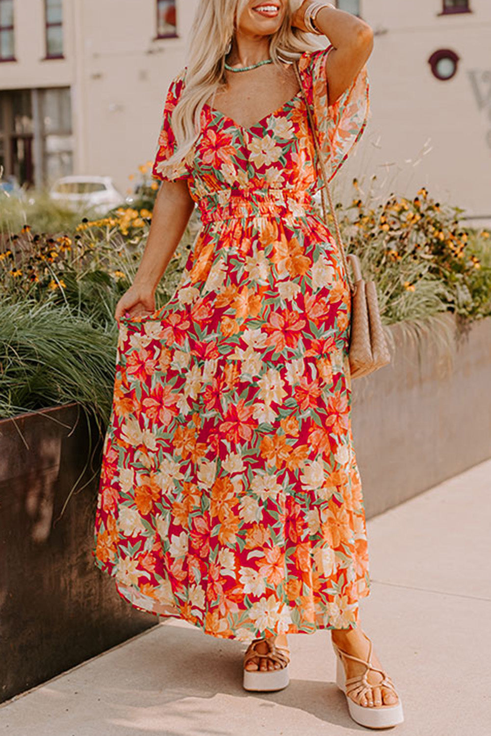 Orange Plus Size  Floral V Neck Cinched Waist Maxi Dress