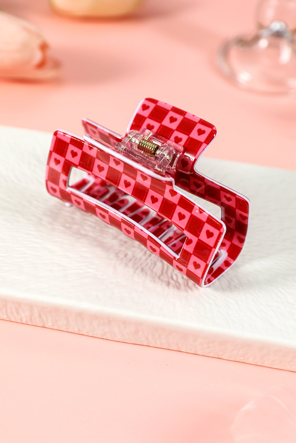 Racing Red Heart Print Checkered Hair Clip