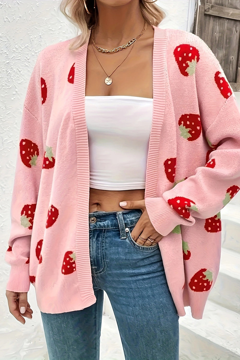 Cardigan en tricot à imprimé aux fraises en rose pour chic décontracté