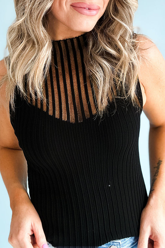 Chic Black Ribbed Mesh Knit Sleeveless Top