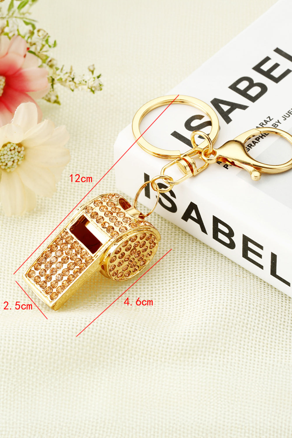 Gold Rhinestone Whistle Pendant Alloy Key Chain Accessory