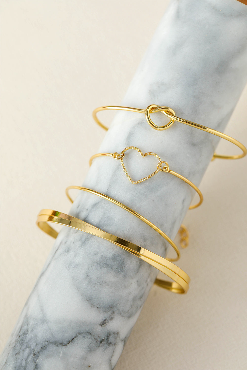 Gold Heart Geometric Knot Open Cuff Bracelet 4-Piece Set