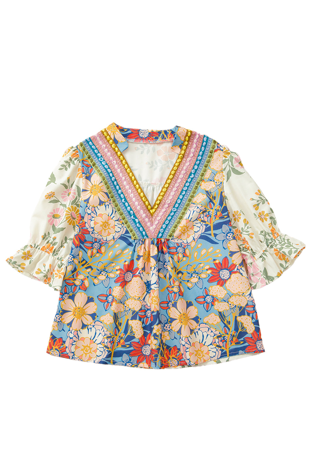 Mehrfarbige Boho-Blumenbluse mit V-Ausschnitt und halben Ärmeln