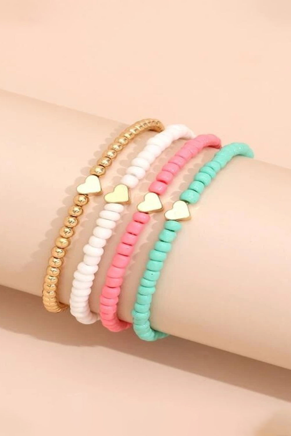 Pulsera de capas con cuentas de corazón de San Valentín rosa para mujeres