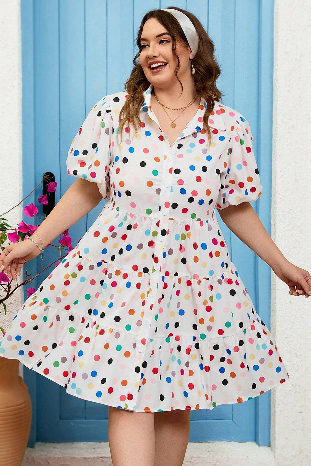 White Polka Dot Print Bubble Sleeve Plus Size Shirt Dress