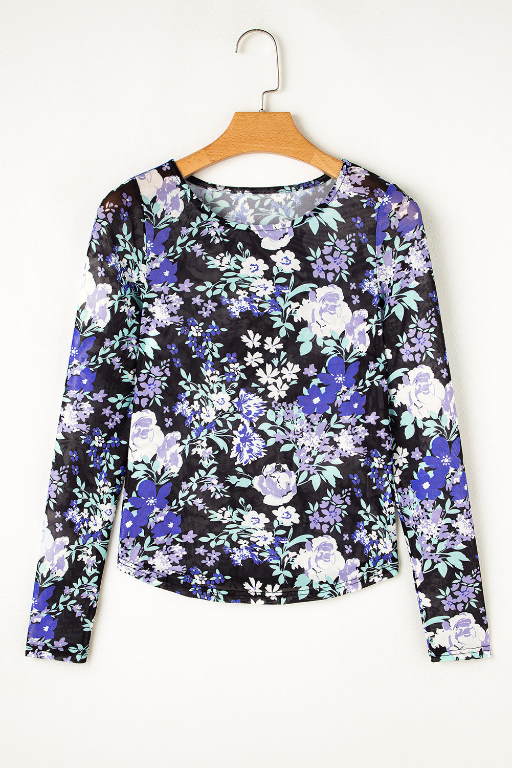 Green Floral Print Mesh Long Sleeve Top