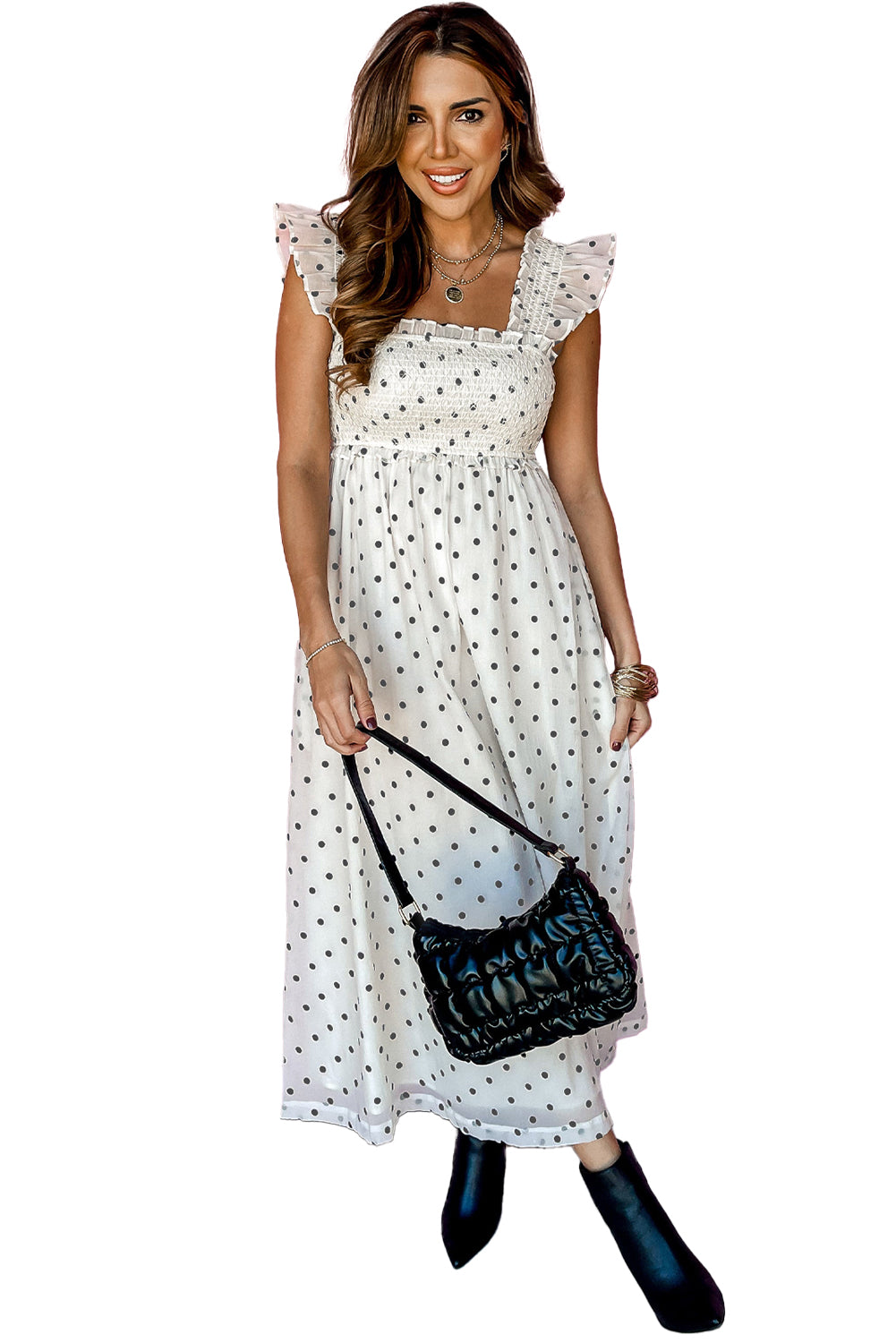 آستین سفید Polka Dot Flutter Neck Neck Smocked Maxi